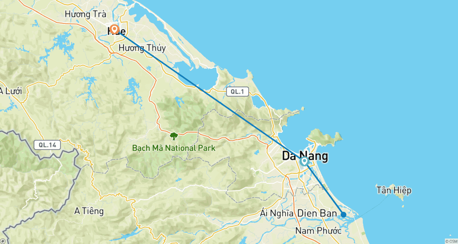 Mapa trasy: Da Nang - Hoi An - Hue - Złoty Most Ba Na 5 Dni 4 Noce