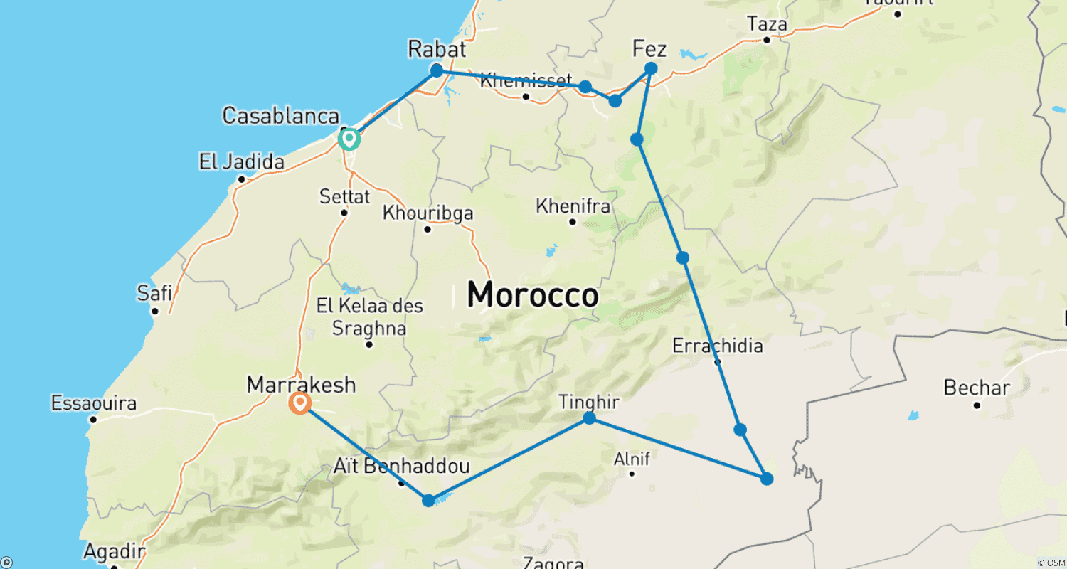 Mapa do percurso de Deserto e Casbás de Marrocos - Ano Novo no Deserto Marroquino
