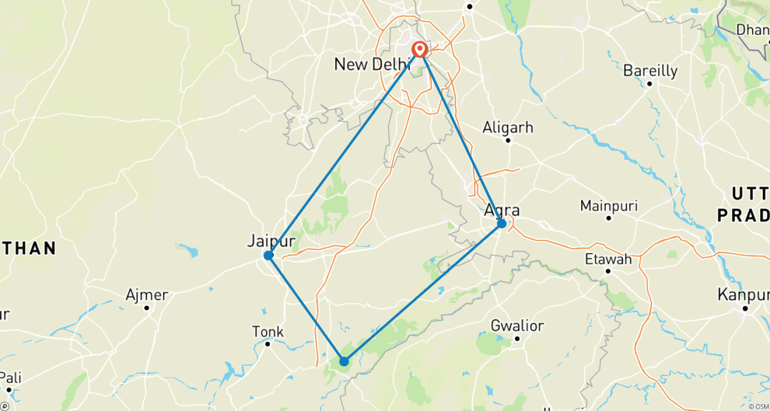 Mapa do percurso de Excursão Triângulo Dourado com safári na selva de Ranthambore