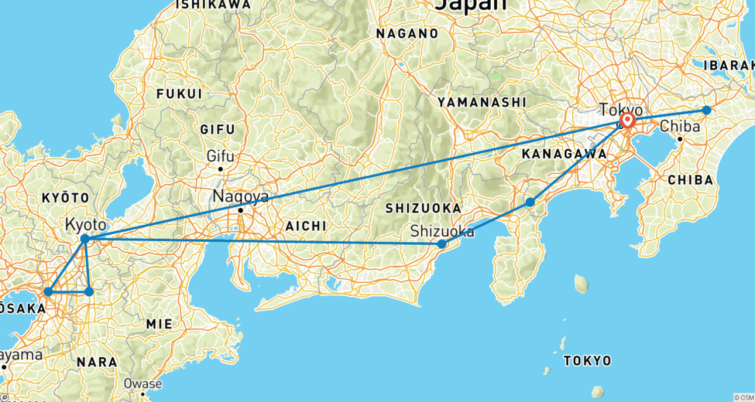 7日間 日本満喫：東京、富士山、京都のルートマップ