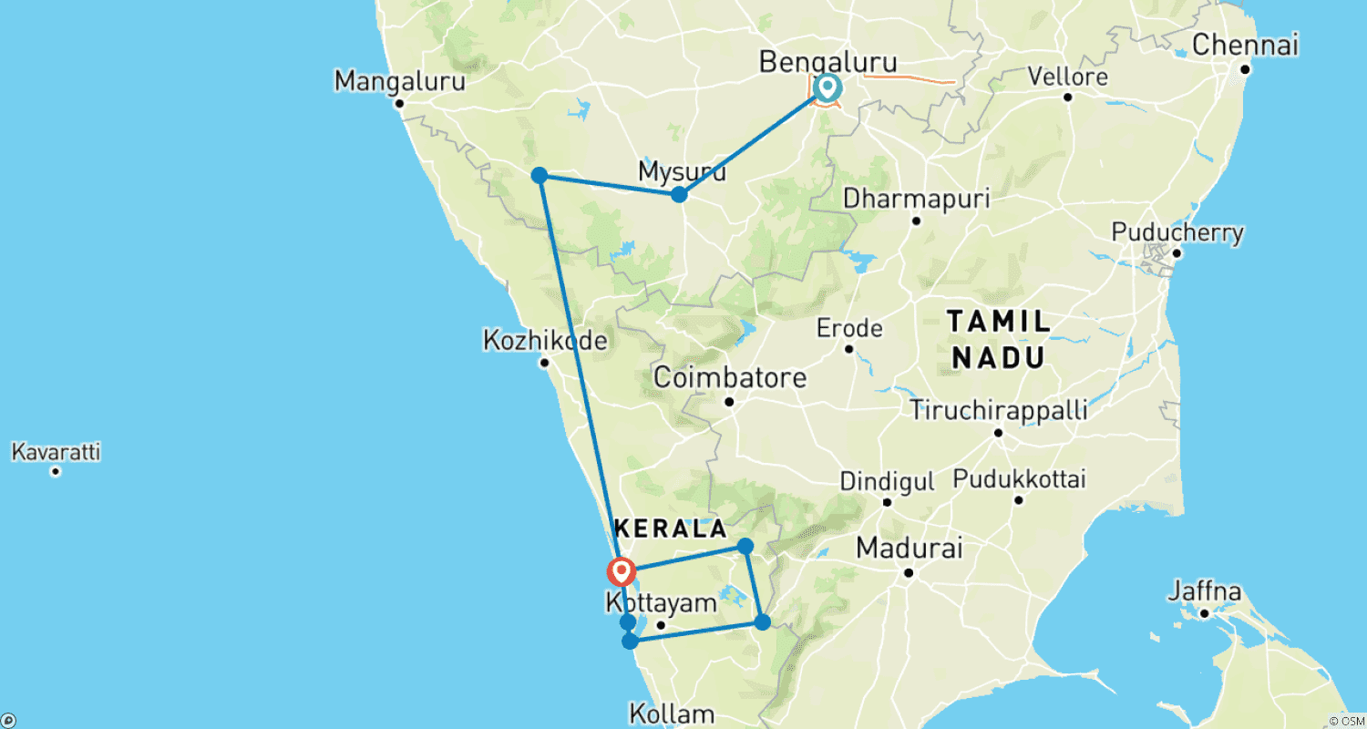 Mapa do percurso de Encantadora Karnataka e Kerala