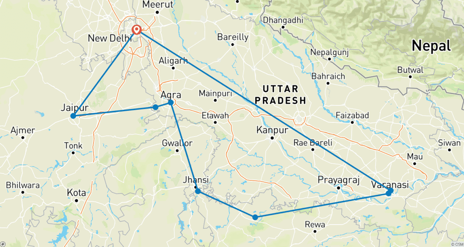 Mapa do percurso de Triângulo Dourado com Khajuraho e Varanasi
