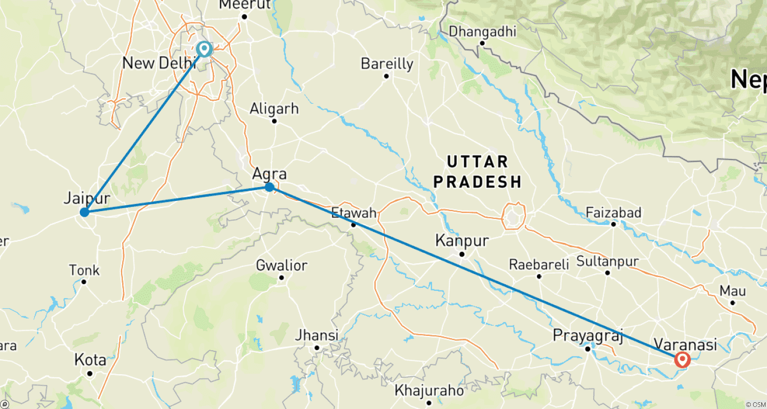 Mapa trasy: Wycieczka grupowa/prywatna: Złoty Trójkąt z Varanasi w luksusowych hotelach 4-gwiazdkowych