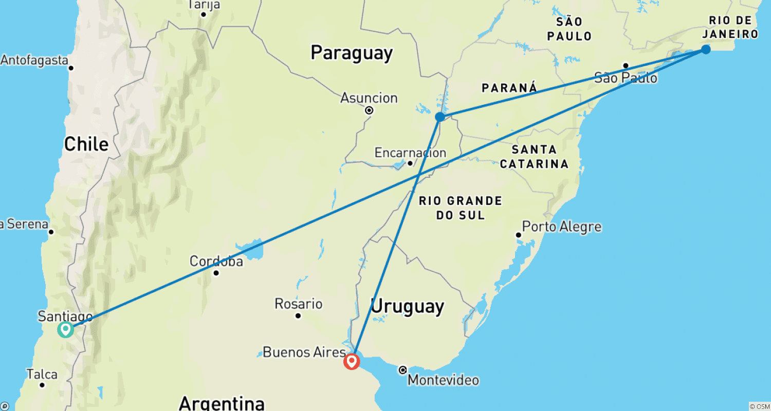Mapa do percurso de O Melhor do Brasil e Argentina com Santiago 2024