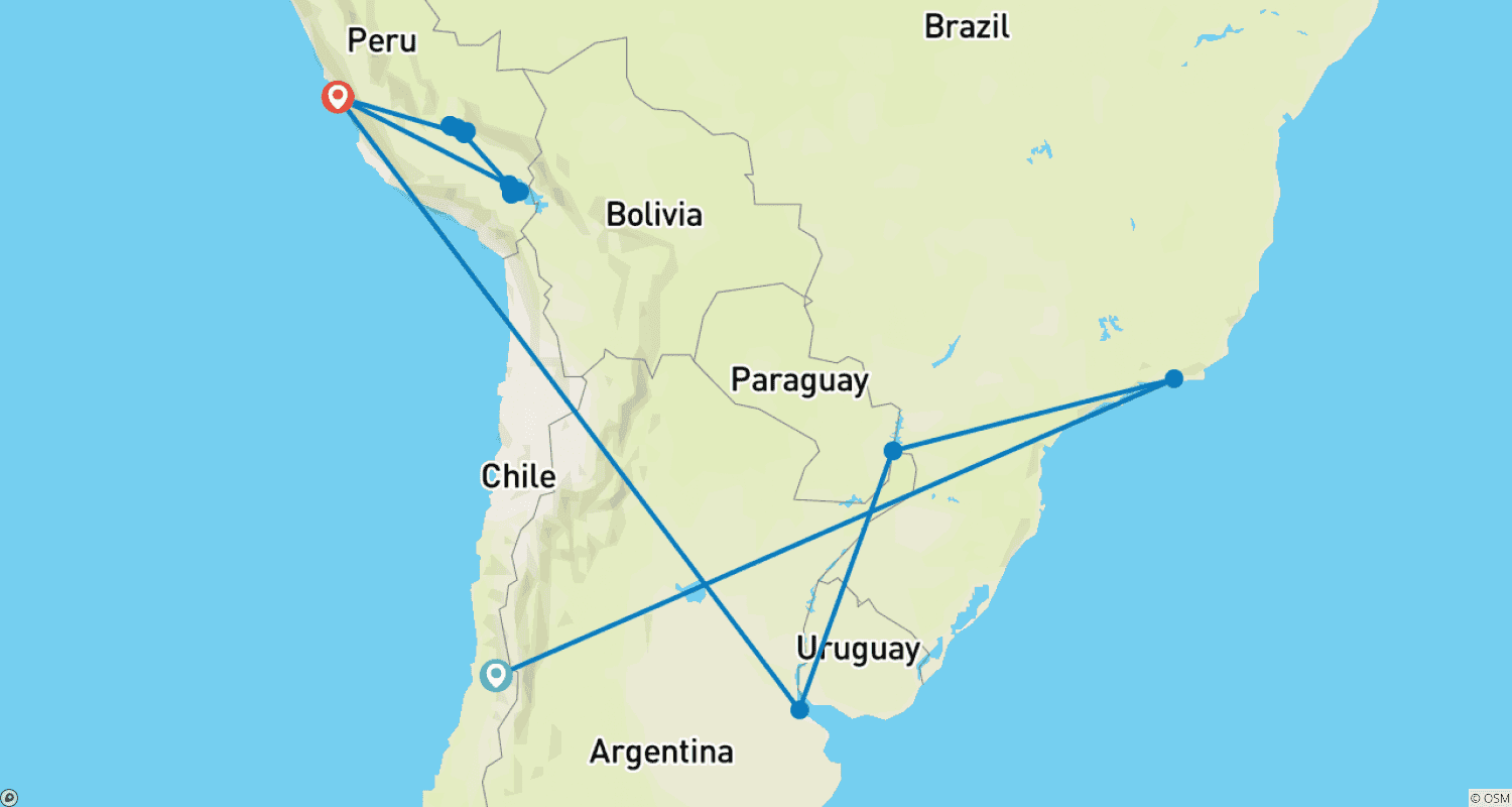 Mapa do percurso de Aventura Definitiva na América do Sul com Escala em Santiago 2024