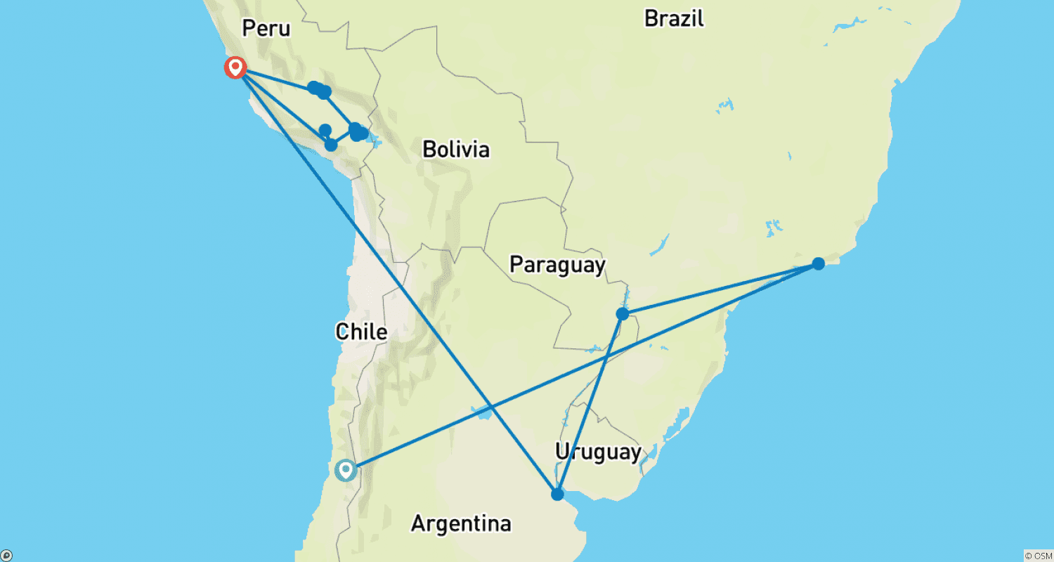 Mapa do percurso de A Melhor da América do Sul com Escala em Santiago, Arequipa e o Cânion do Colca 2024