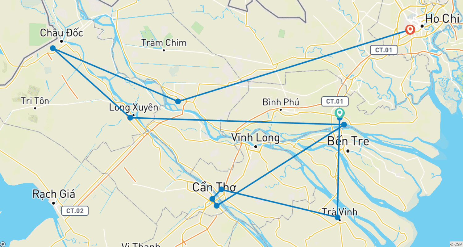 Mapa do percurso de O Melhor Passeio de Bicicleta pelo Delta do Mekong - Vietnam Backroads