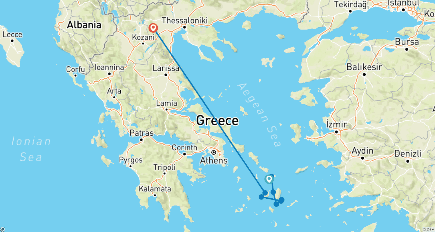 Mapa do percurso de Mykonos - Paros 7 noites
