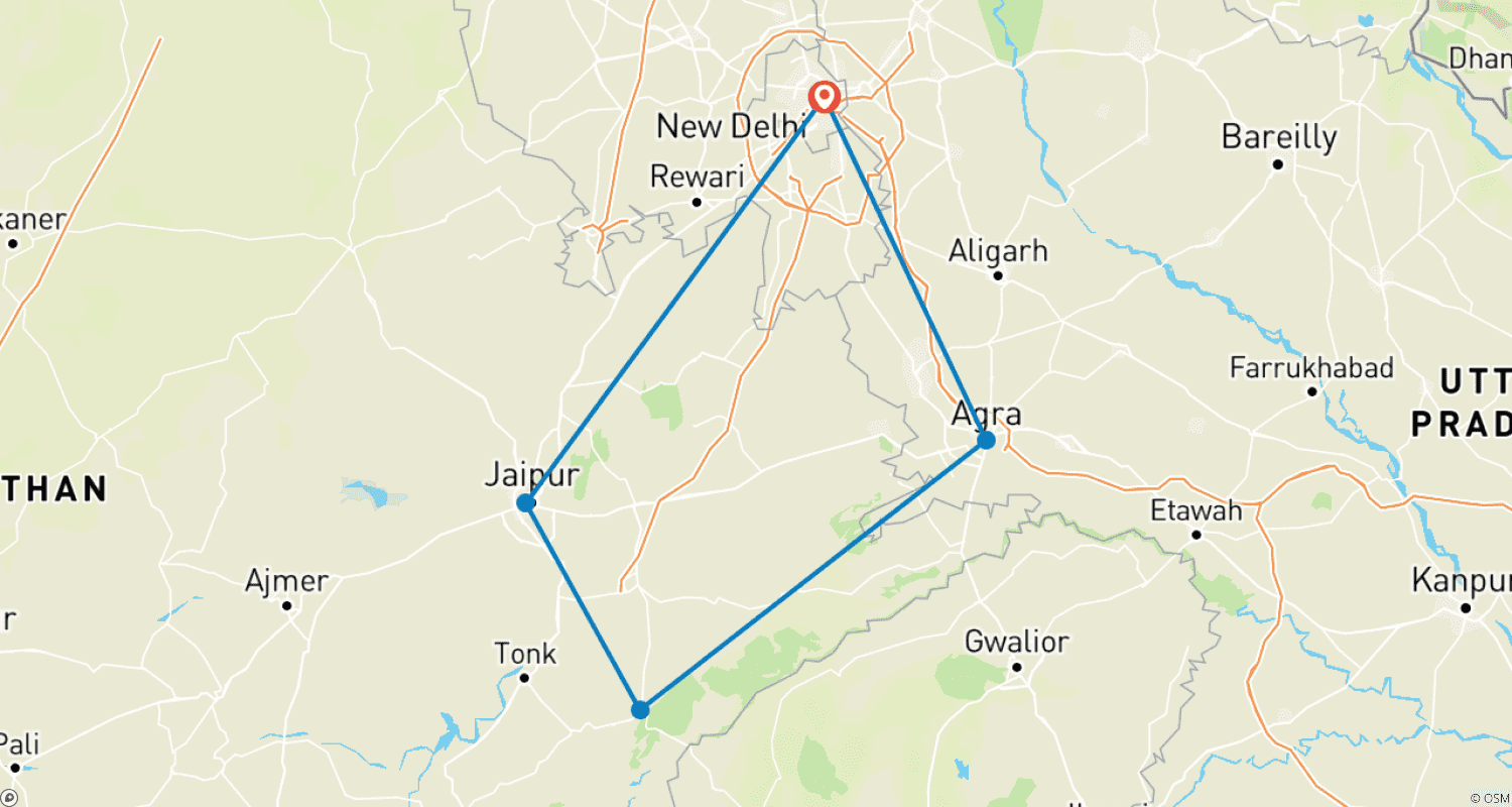Mapa do percurso de De Deli: Excursão Triângulo Dourado com Ranthambore