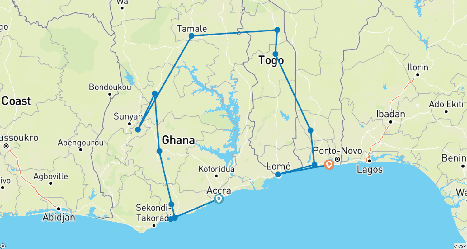 Mapa do percurso de Gana, Togo, Benim - Vodu e Festivais Tribais