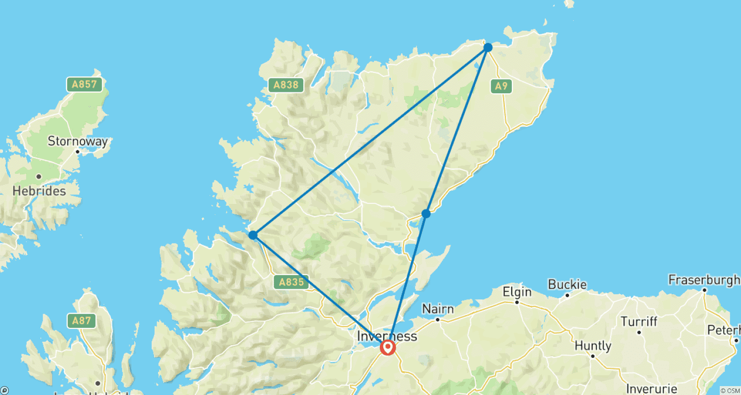 خريطة مسار جولة مجموعات صغيرة لمدة 3 أيام على طريق North Coast 500 من Inverness
