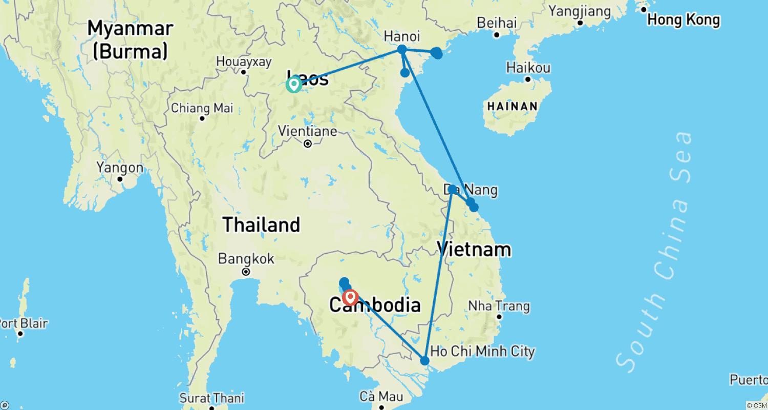 Mapa do percurso de Panoma Indochina 14 dias/13 noites