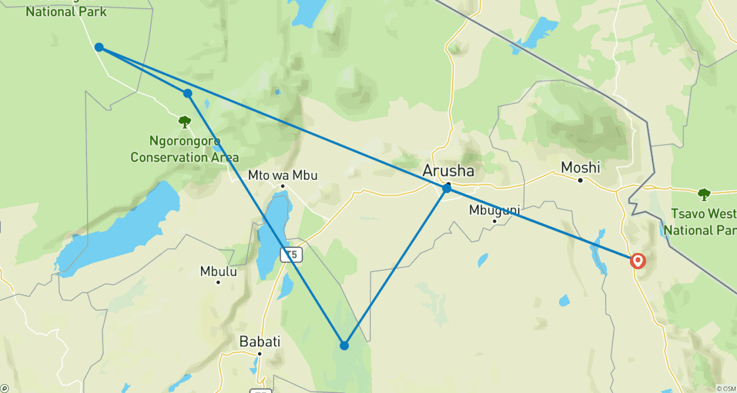 Mapa do percurso de 6 Dias - Parque Nacional de Tarangire, Serengeti e Cratera de Ngorongoro