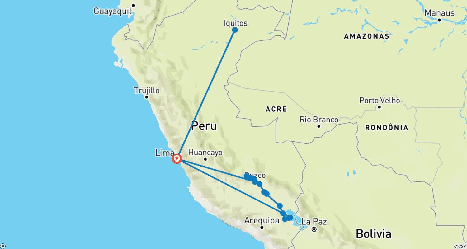 Mapa do percurso de Passeios no Peru 14D/13N: Rio Amazonas - Machu Picchu - Lago Titicaca