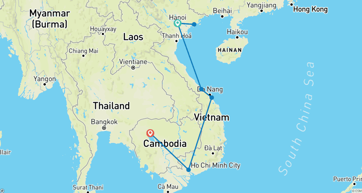 Mapa do percurso de Impressionante Vietnã e Camboja 14 dias/13 noites