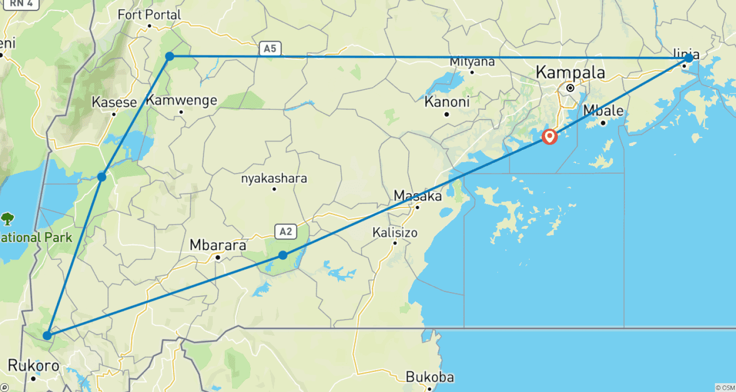 Mapa trasy: 10-dniowe safari po Ugandzie: Goryle i dzika zwierzyna