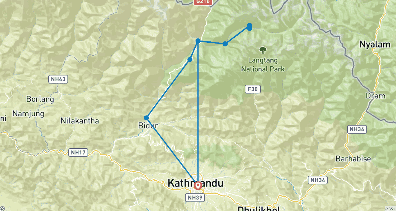 Mapa do percurso de Caminhada Fácil ao Vale de Langtang - 07 Dias