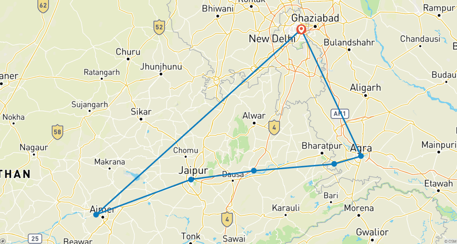 Mapa do percurso de Explorando a Tradição da Feira de Pushkar e a Aventura do Triângulo Dourado