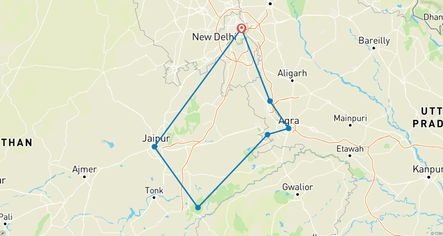 Mapa do percurso de Pelo Amor ao Taj e ao Tigre - Triângulo Dourado da Índia e Ranthambore com 2 Safáris de Tigres
