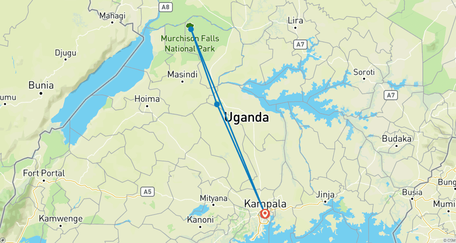 Mapa do percurso de Safáris de 3 dias para observação da vida selvagem em Murchison Falls