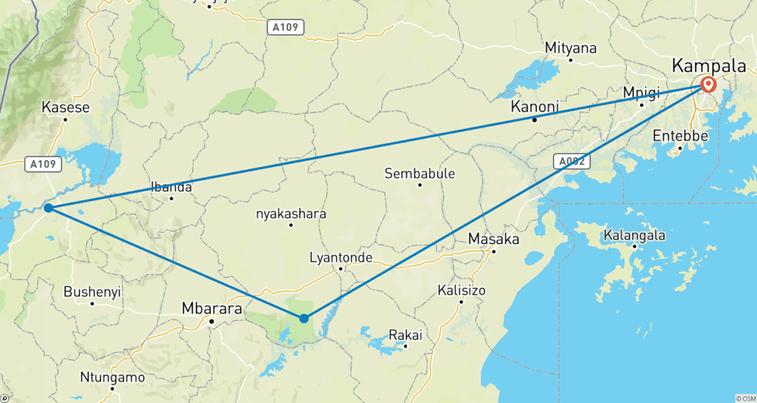 Mapa do percurso de 3 dias no Parque Nacional Queen Elizabeth