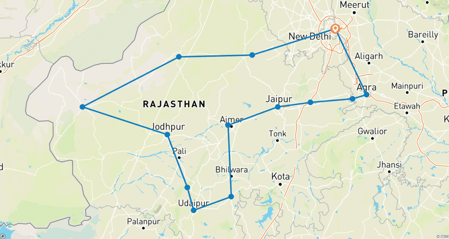 خريطة مسار جولة راجستان الملكية مع فنادق بوتيك (Delhi, Mandawa, Bikaner, Jaisalmer, Jodhpur, Udaipur, Pushkar, Jaipur, Agra, Delhi)