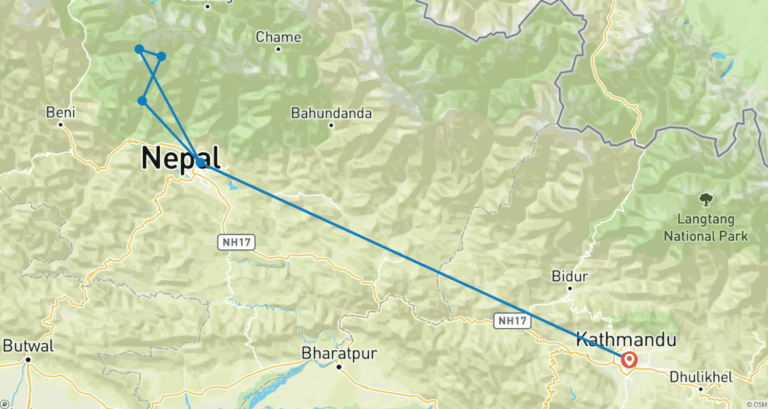 Mapa do percurso de Caminhada Curta ao Acampamento Base de Annapurna - 8 Dias