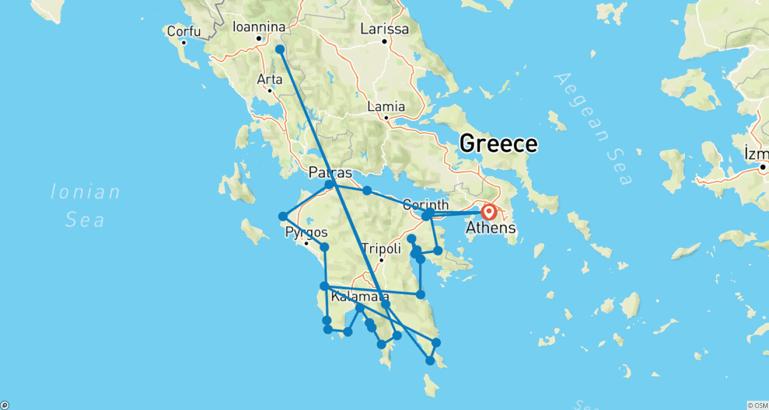 Mapa do percurso de A Circular Tour around the Peloponense 10 days