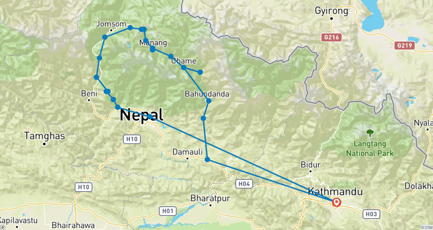 Mapa do percurso de Caminhada Clássica pelo Circuito de Annapurna - 21 Dias