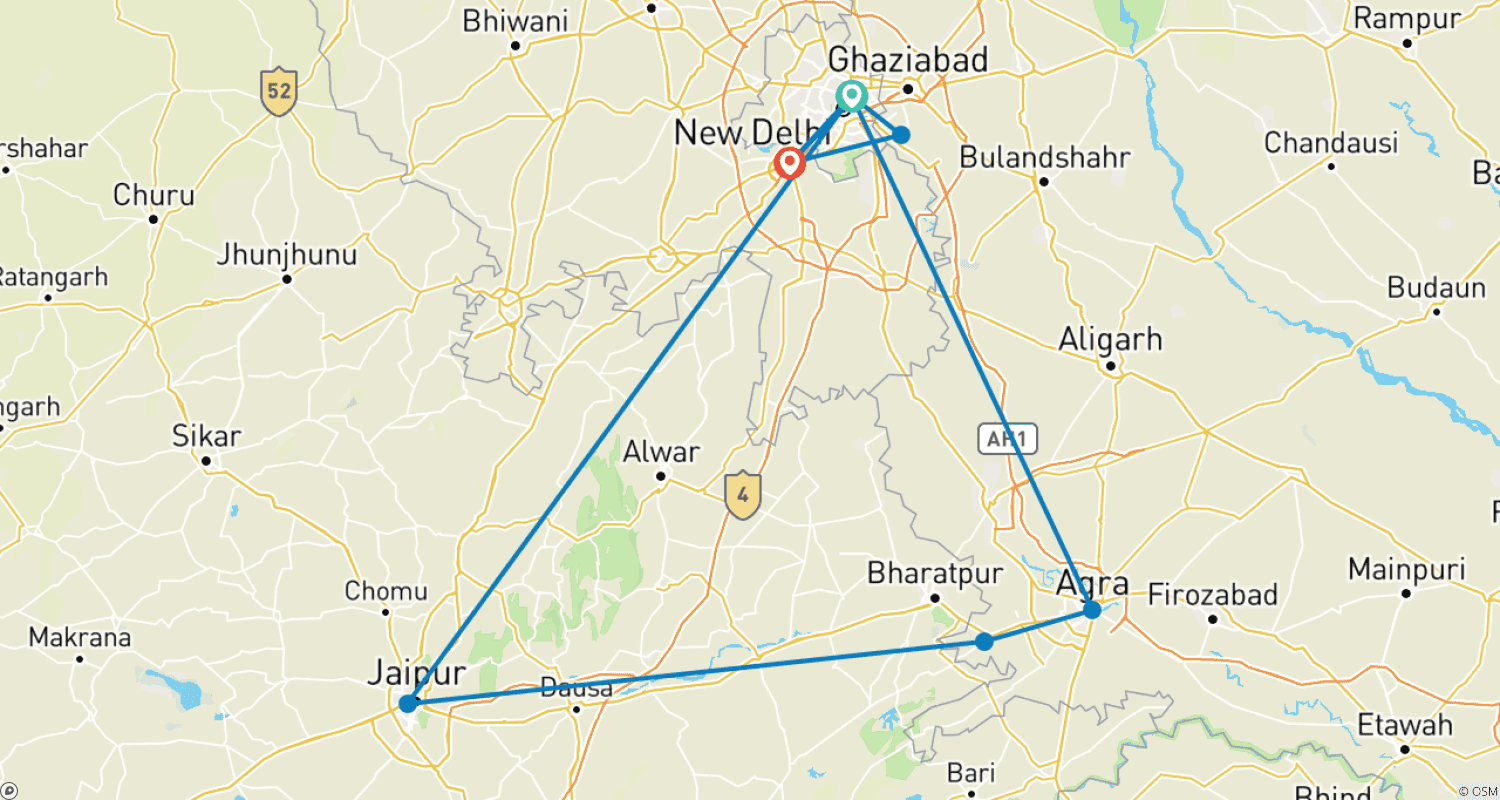 Mapa do percurso de Excursão de 5 Dias ao Triângulo Dourado - Excursão Delhi Agra Jaipur (Nascer/Pôr do Sol no Taj Mahal)