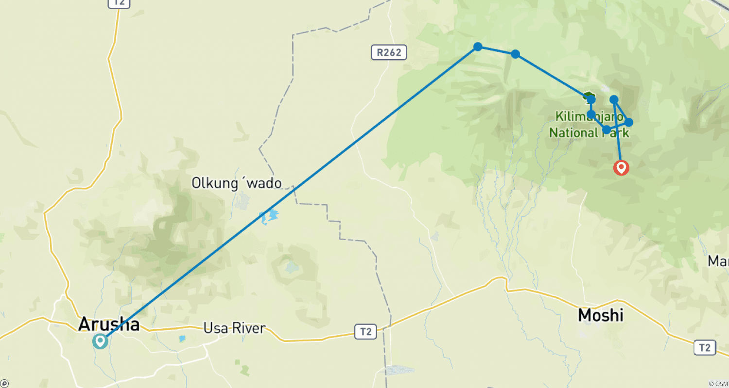 Mapa do percurso de 9 Dias de escalada ao Kilimanjaro pela Rota Lemosho