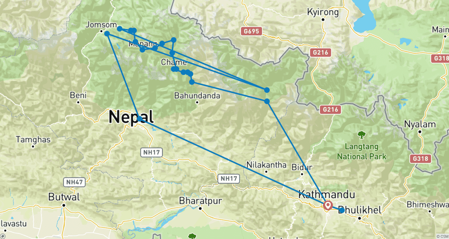 Mapa do percurso de Trilho Nar Phu e Circuito Annapurna