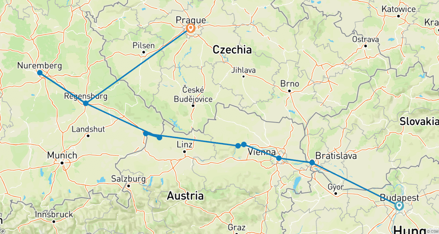 Mapa do percurso de Mercados de Natal no Danúbio e Praga Clássica 2024