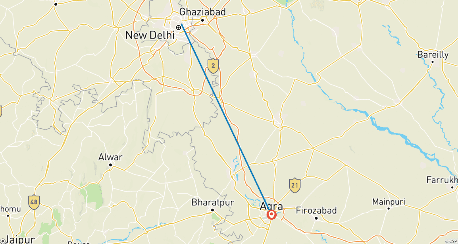 Mapa trasy: Prywatna wycieczka z noclegiem do Tadż Mahal w Agrze z Delhi