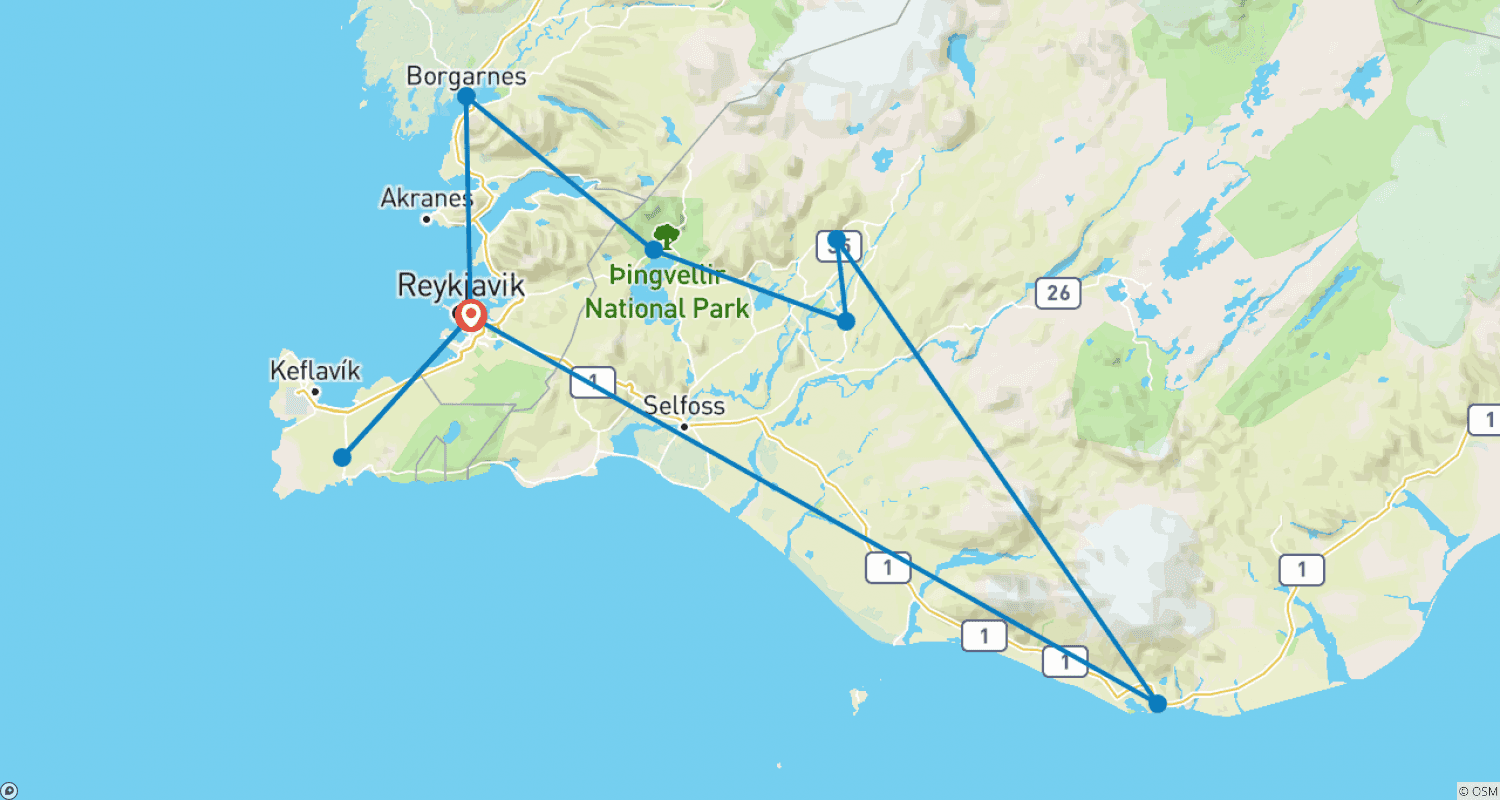 Mapa do percurso de Islândia Cénica e a Aurora Boreal (Clássico, 7 Dias)