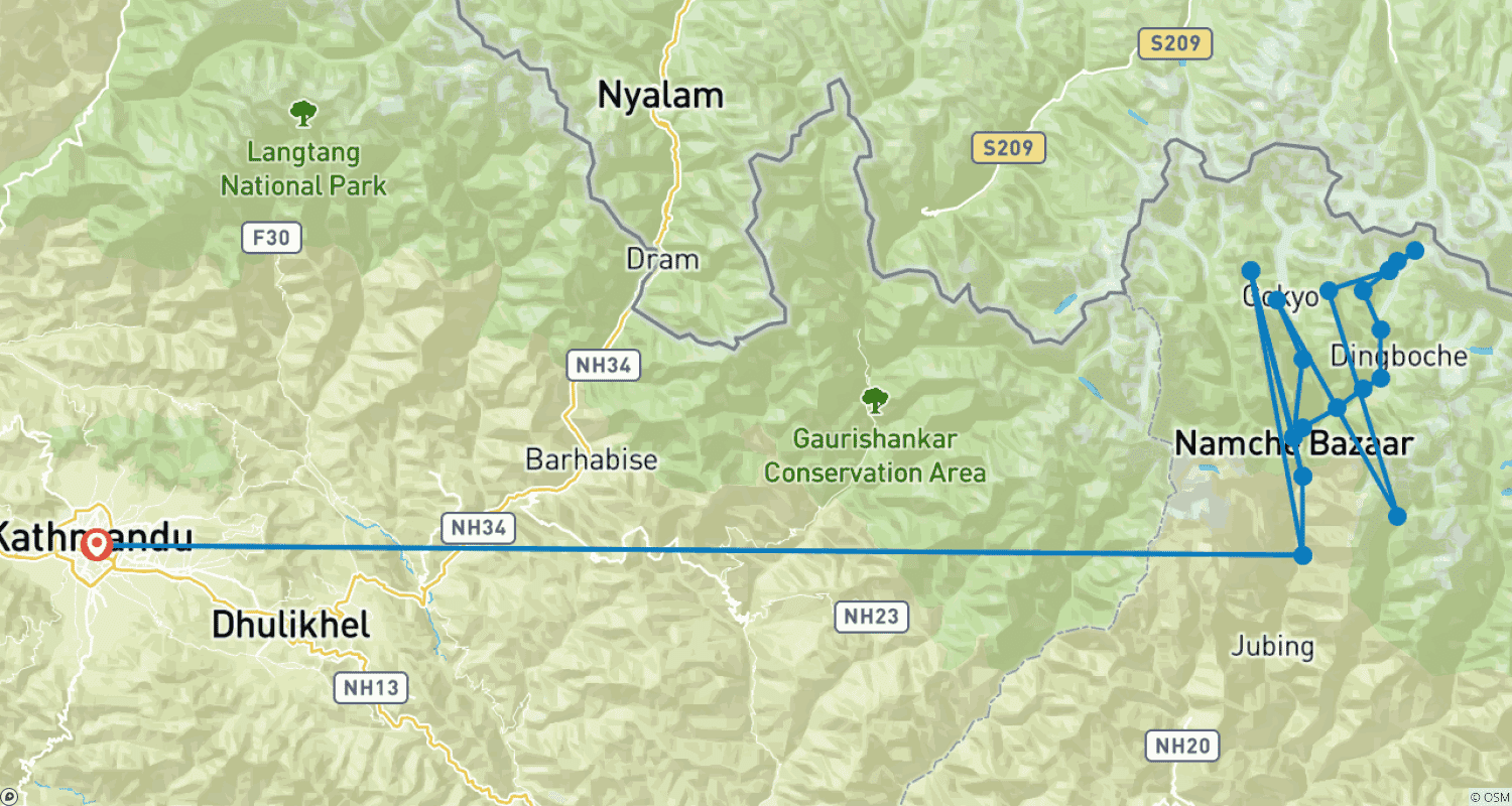 Mapa do percurso de Trekking ao Acampamento Base do Everest e Lagos Gokyo Via Cho La para 2026/2027