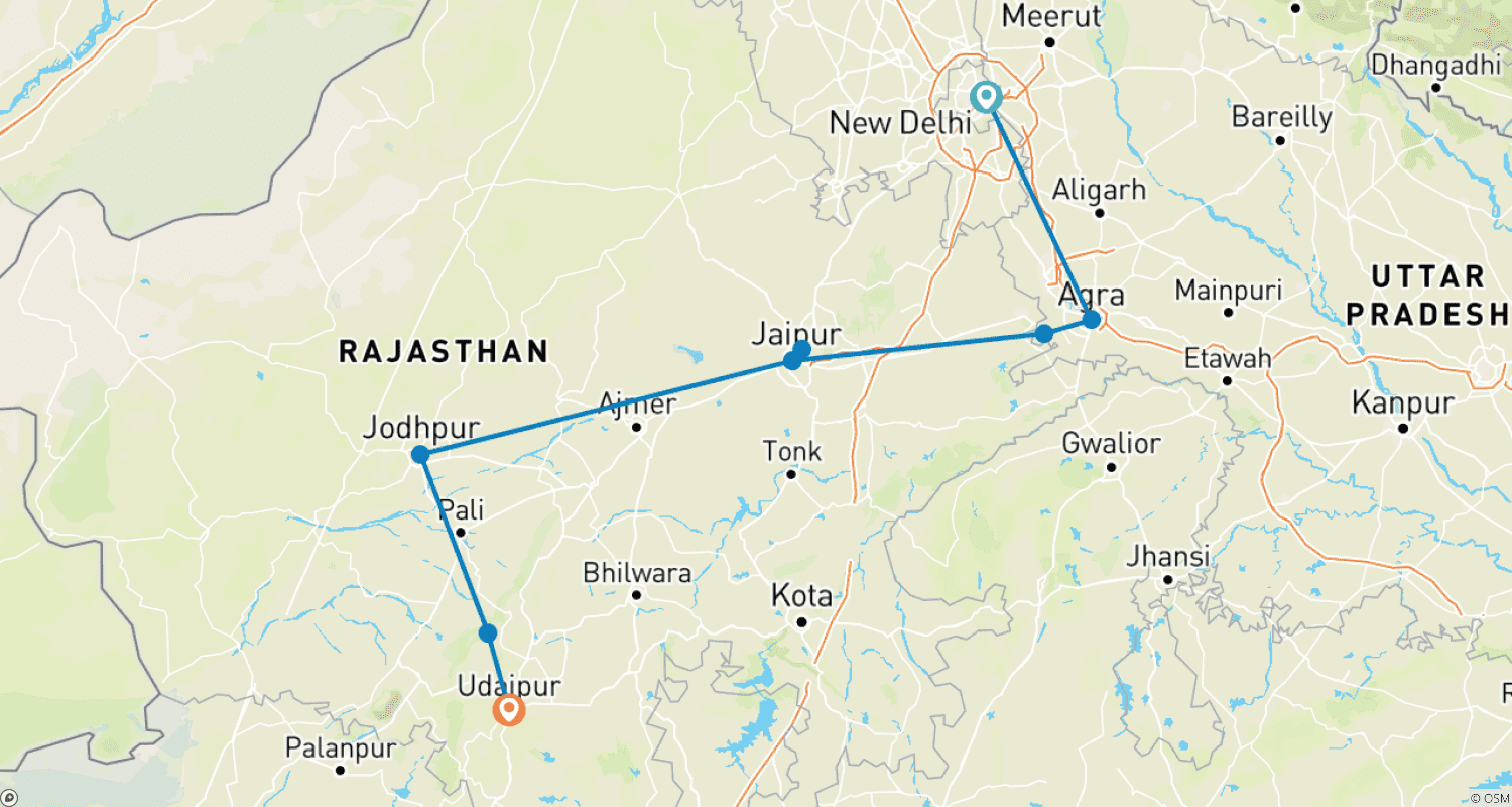 Mapa do percurso de Rajasthan with Delhi & Agra