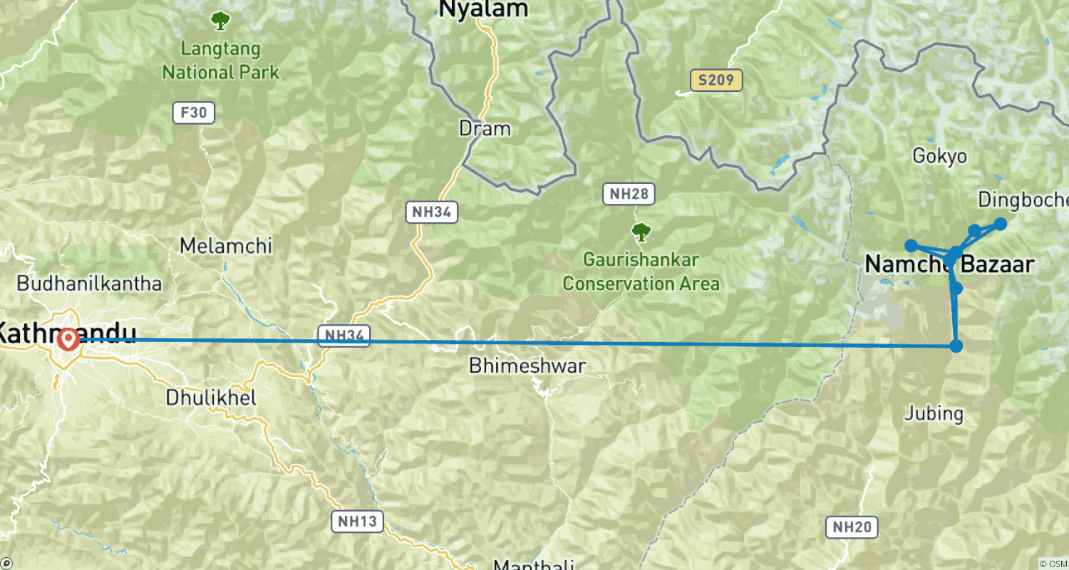Mapa do percurso de Trekking de Yoga no Everest