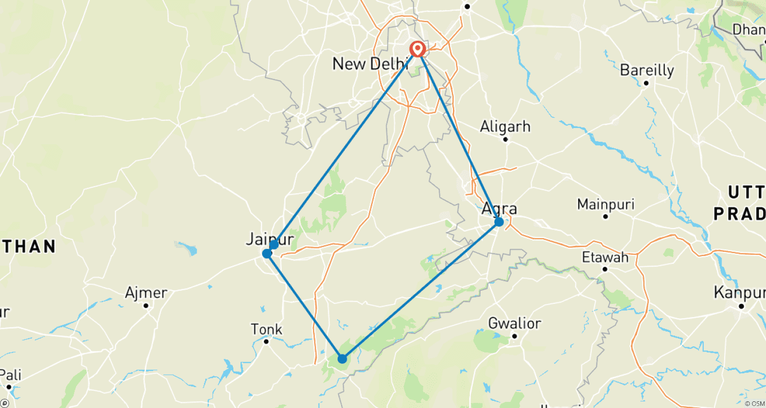 Mapa do percurso de Golden Triangle Delhi Agra Jaipur With Ranthambore National Park