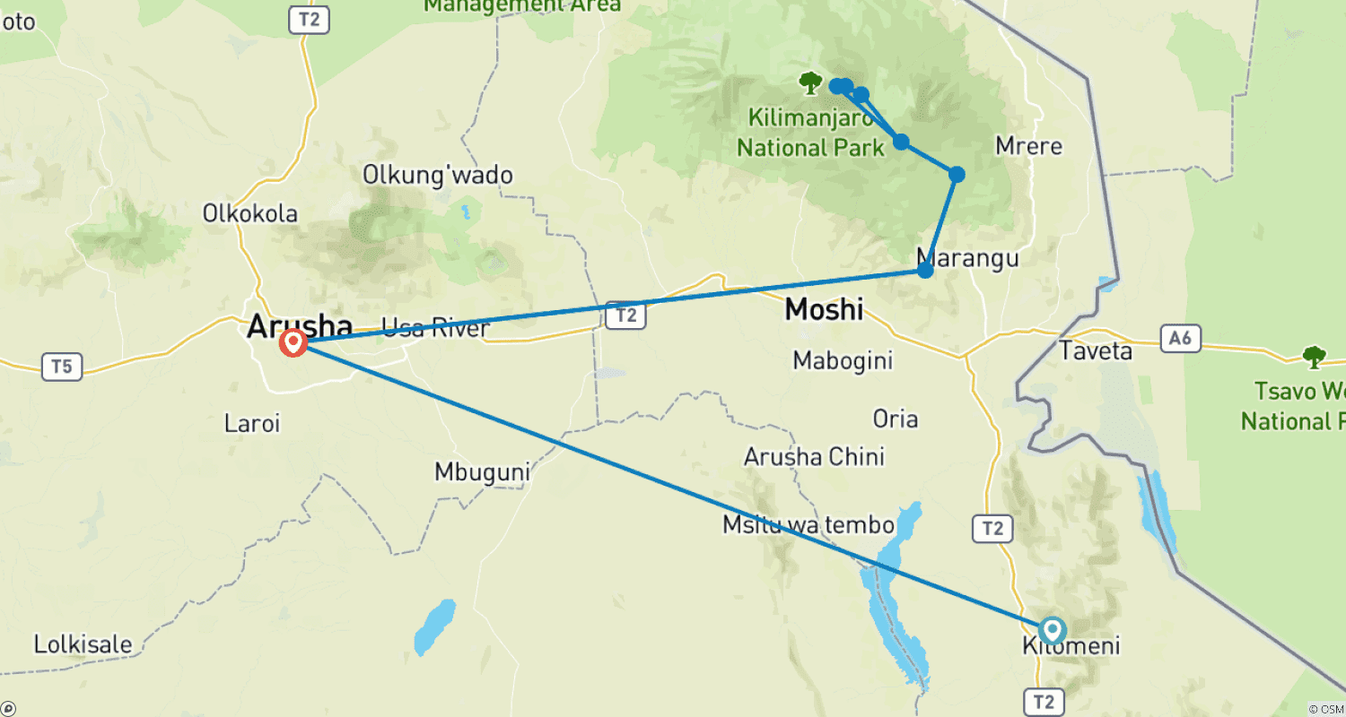 Mapa do percurso de 7 Dias de escalada no Kilimanjaro pela Rota Marangu