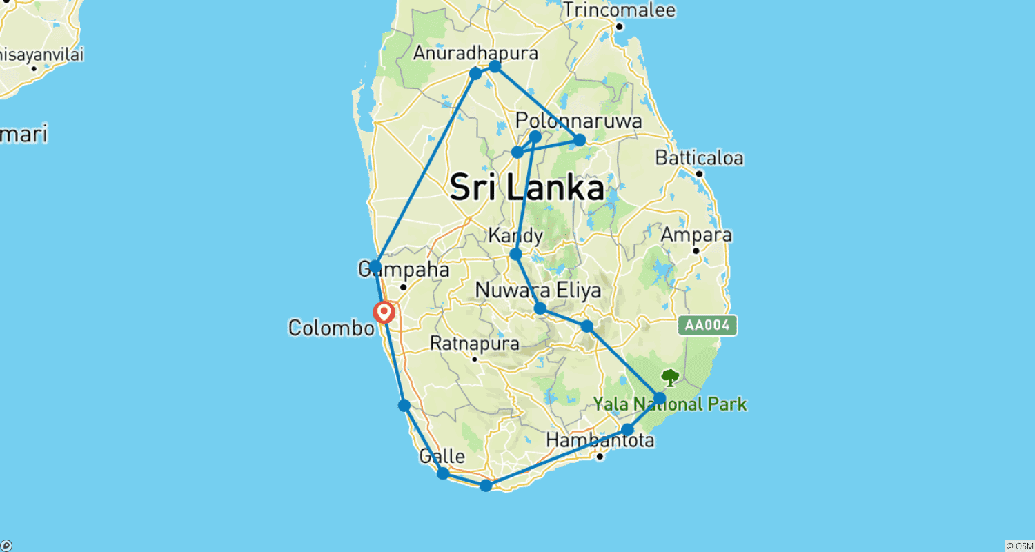 خريطة مسار الجولة الأسمى في سريلانكا (15 يومًا) — ترقية إلى جولة خاصة متاحة