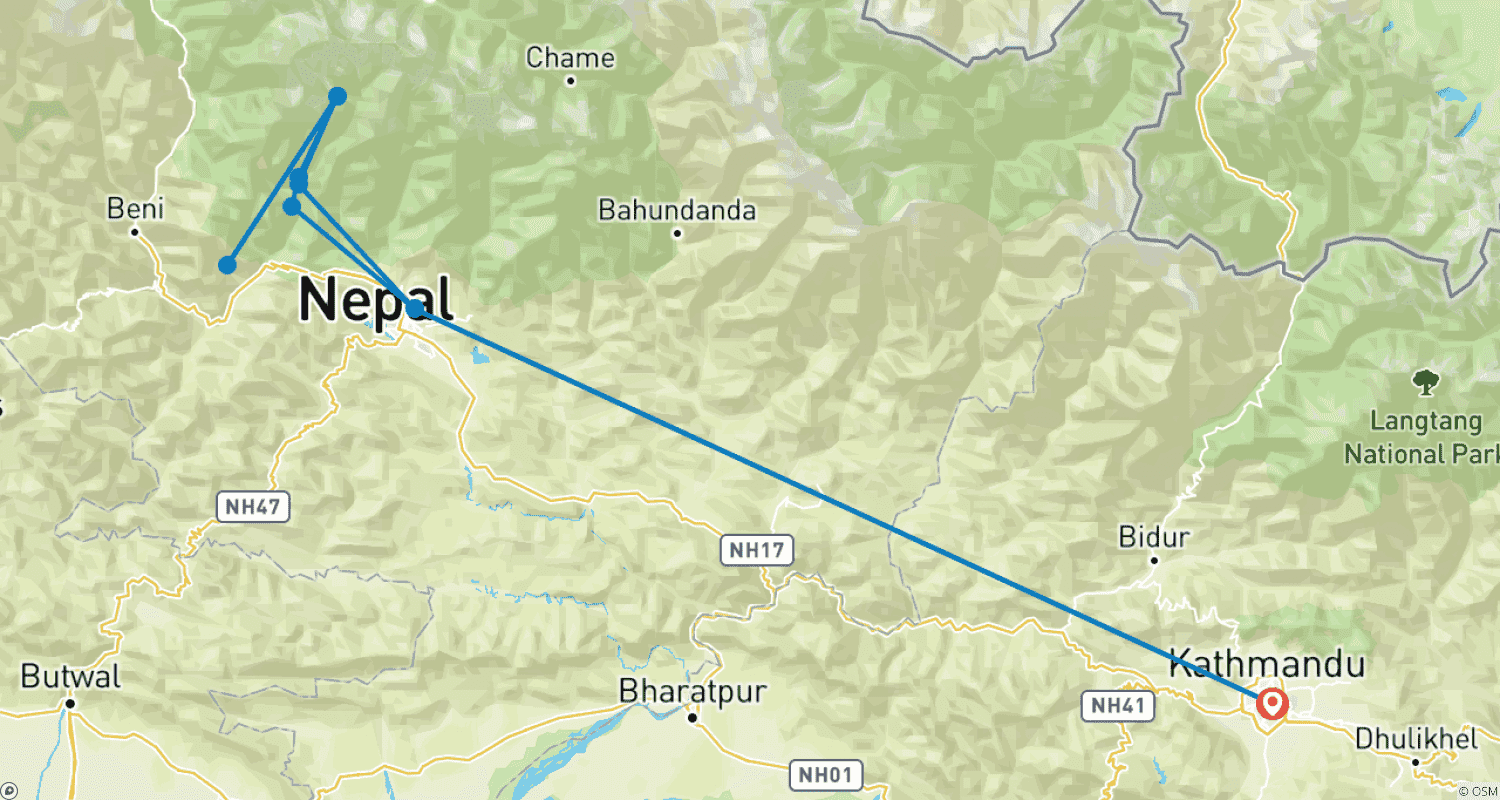 Mapa do percurso de Caminhada ao Acampamento Base de Annapurna - 12 Dias