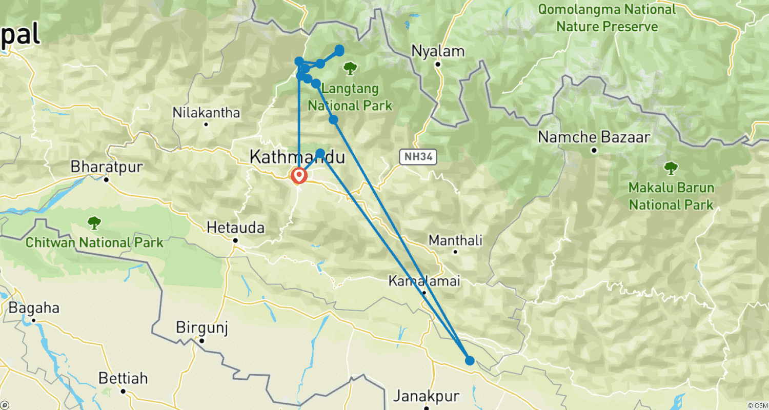 Mapa do percurso de Caminhada pelo Vale de Langtang e Lago Gosainkunda