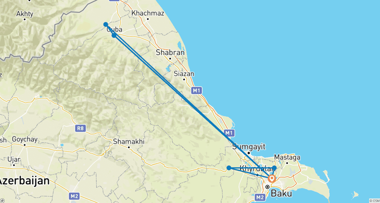Mapa do percurso de Pacote de Viagem Privado de 7 Dias para Baku e Quba
