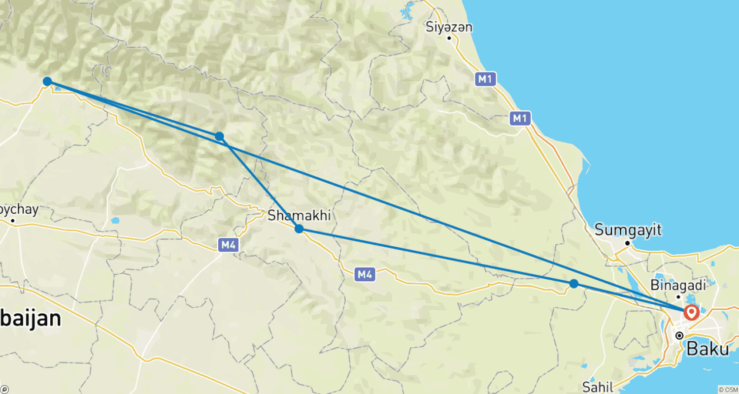 Mapa do percurso de Excursão Privada Econômica de 7 Dias pelas Cidades do Azerbaijão