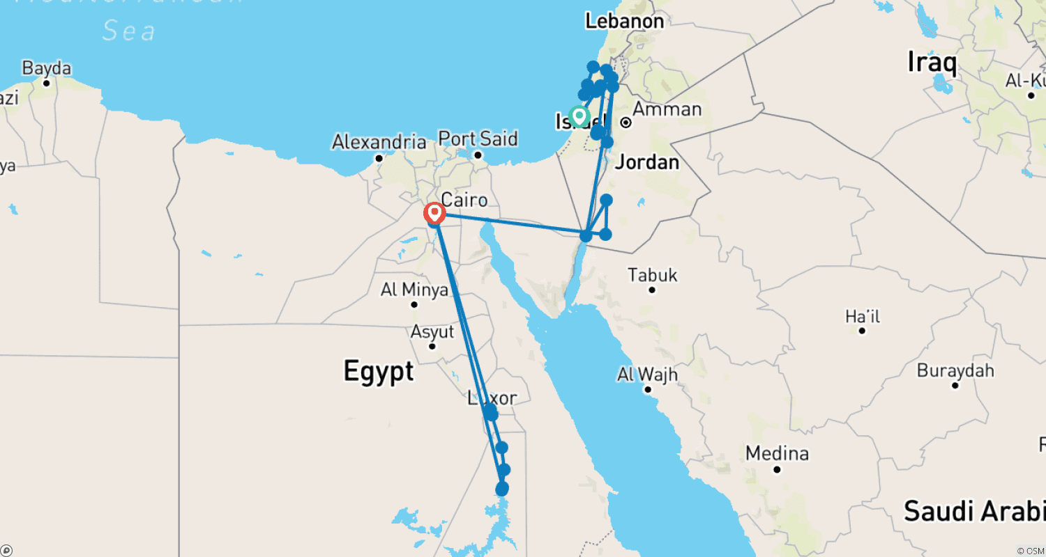 Mapa trasy: Izrael, Jordania i Egipt z rejsiem po Nilu 12 dni