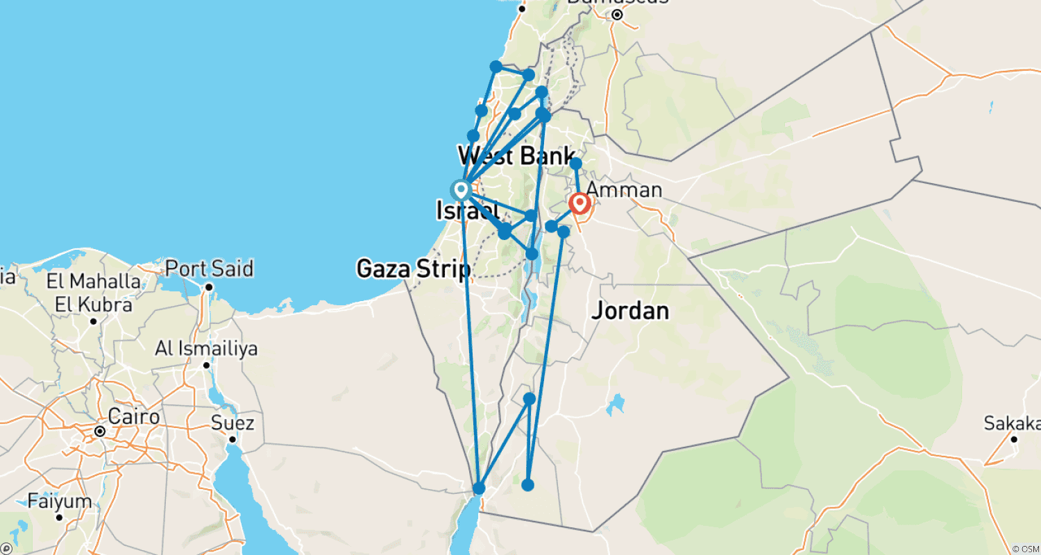 Mapa do percurso de Israel e Jordânia em 15 dias