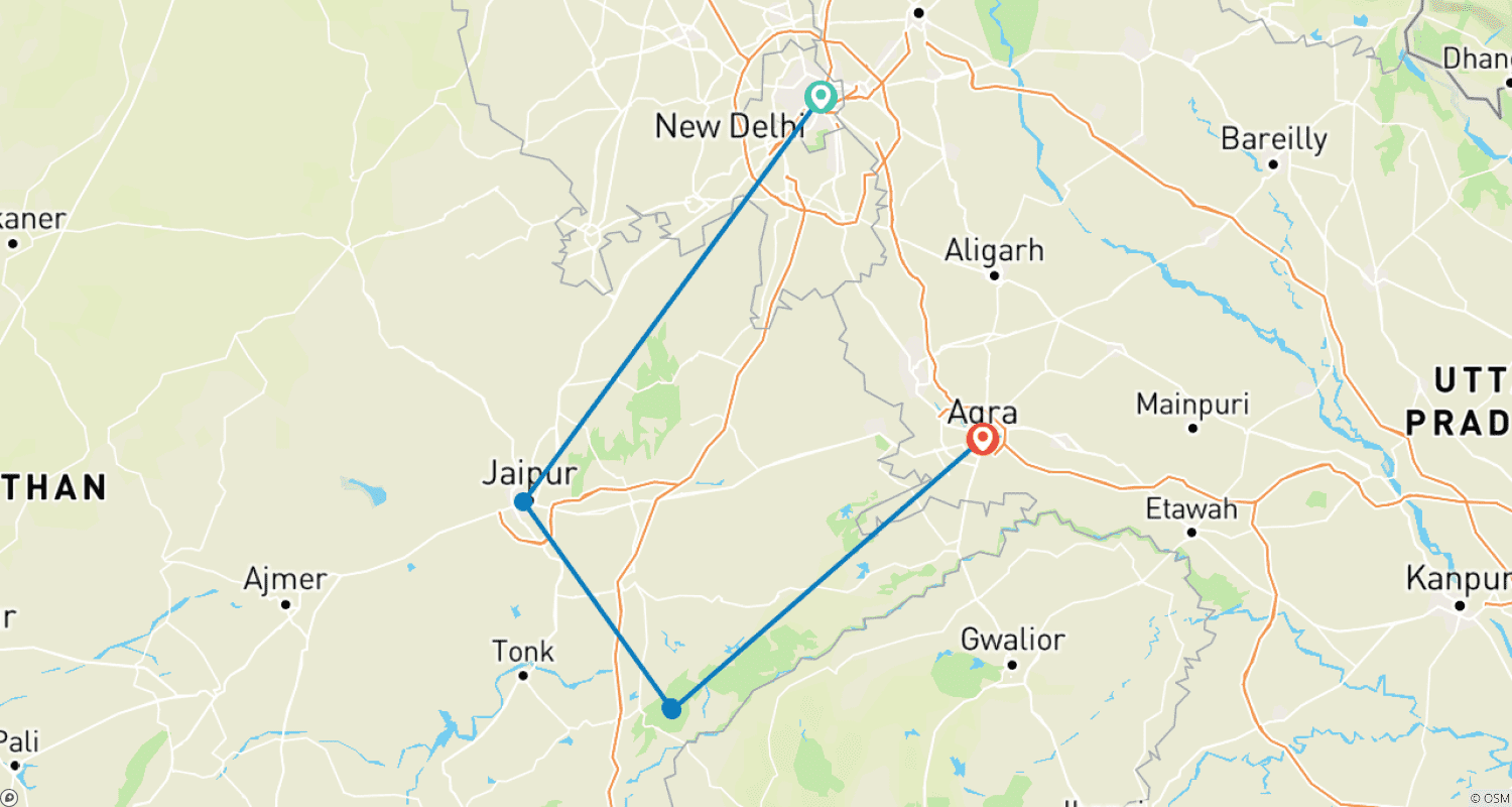 Mapa trasy: Wycieczka Złoty Trójkąt z Ranthambore w luksusowych hotelach 4-gwiazdkowych