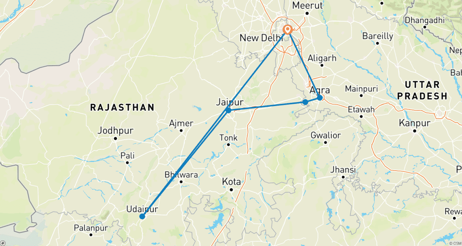 Mapa do percurso de De Delhi: Tour Privado de Luxo Triângulo Dourado com Udaipur