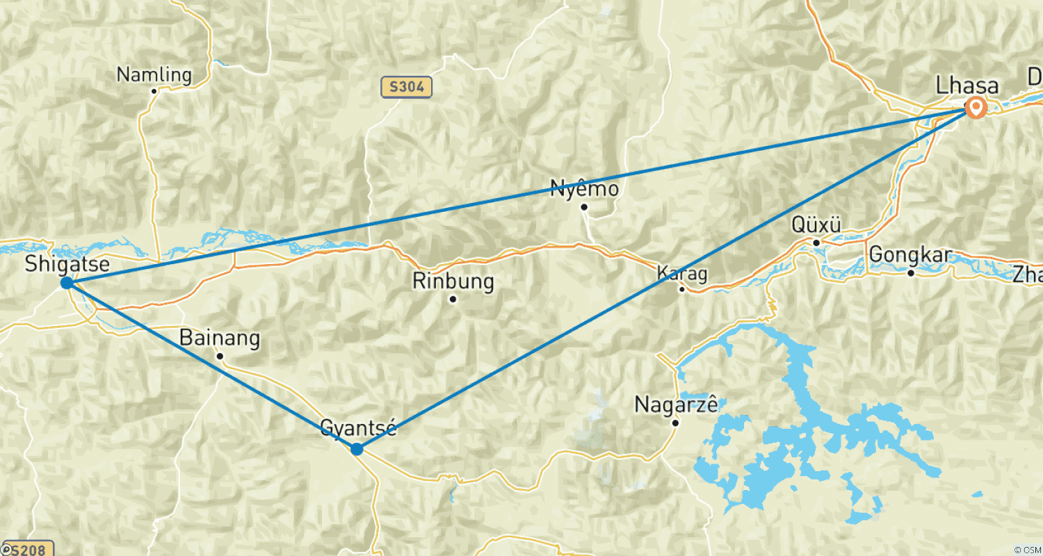 Mapa do percurso de 6 Days Lhasa Gyantse Shigatse Group Tour